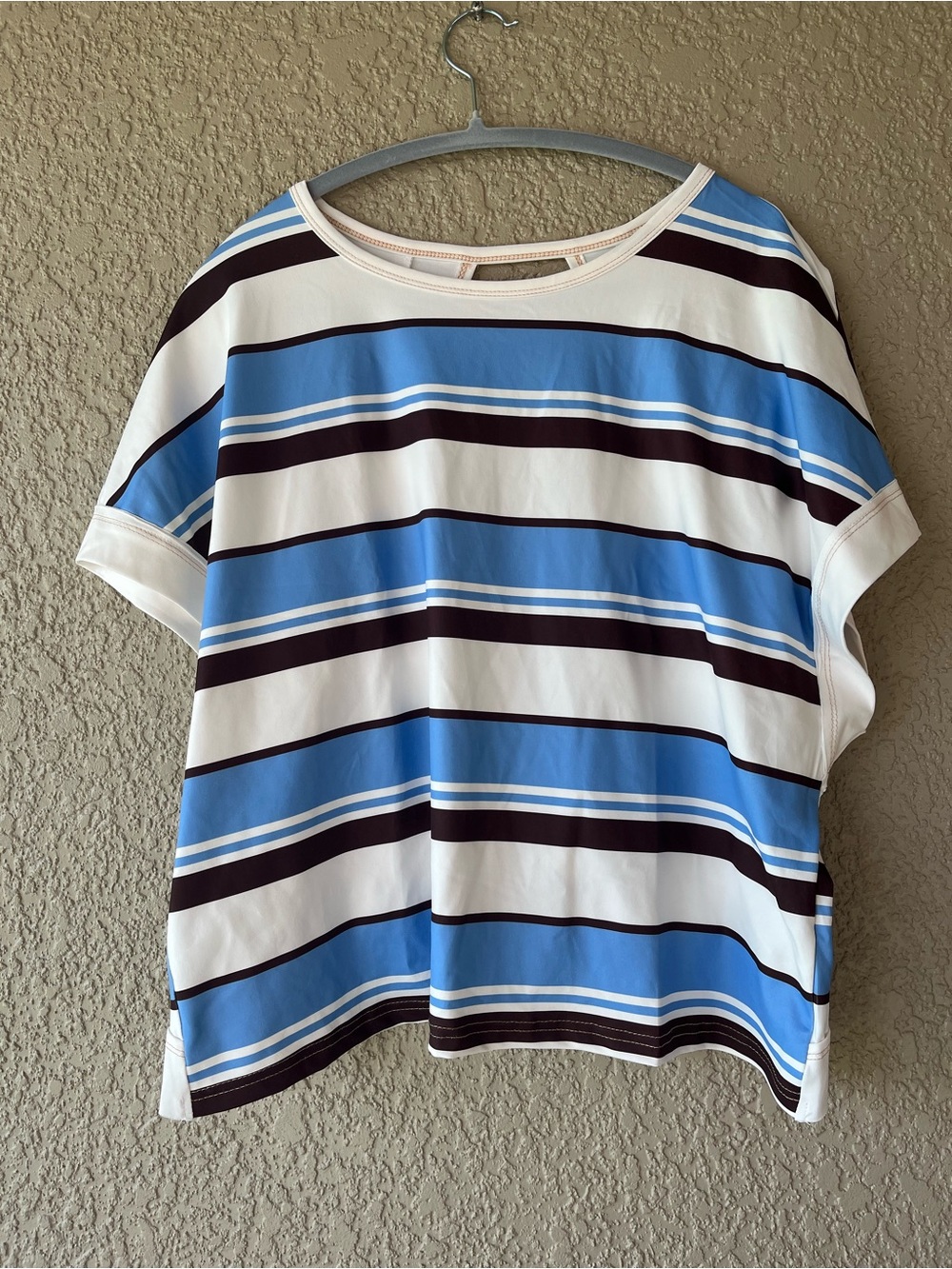 SHEIN Blue White and Dark Brown Striped Short Sleeve Tee